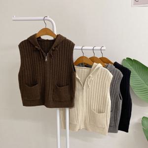 허니제이 / 완투 골지 후드 스트링 포켓 니트 집업 조끼(4color)