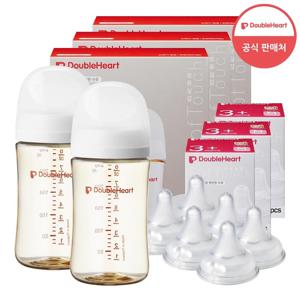 [더블하트] 3세대 240ml 베이직 트윈팩 3개(젖병6개)+젖꼭지 6개