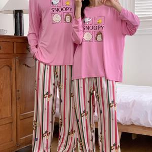 남여공용 스누피 캐릭터 긴팔 배색 스트라이프 간절기 라운드 피치 잠옷 상하 세트
