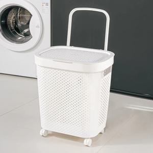 뚜껑 있는 바퀴달린 빨래통 이동식 바퀴형 대용량 메쉬 세탁 빨래 바구니 화이트 대형