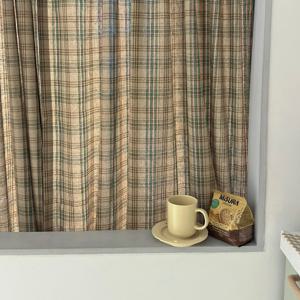 빈티지 체크 카키 브라운 기모 가리개 커튼 Rosy maple