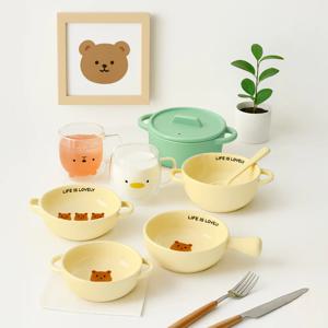 자취방 브런치 스타터팩 곰돌이 손잡이볼 세트 손잡이 동물 이중 유리컵 다용도 실리콘 찜기