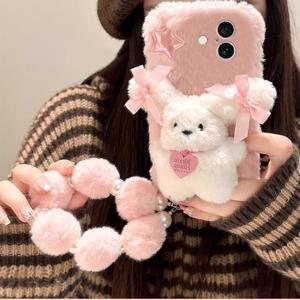 갤럭시 S25 S24 FE 엣지 울트라 플러스 케이스 양털 핑크인형 스트랩