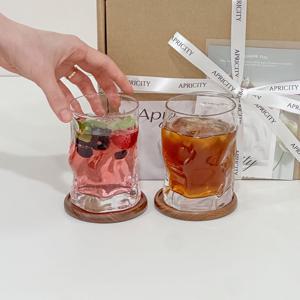 아이스큐브 유리컵 M 2인 선물세트 (원목컵받침 포함) 아이스커피잔 아메리카노잔