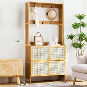 [리퍼] 빈티지 원목 현관 수납장 옷걸이 행거 신발장 라탄 70cm