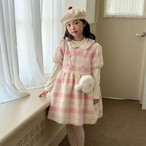 퍼프 반팔 모직 체크 원피스 R15493