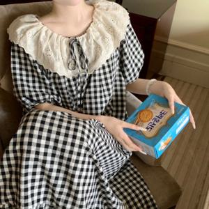 러블리 레이스카라 블랙체크 홈웨어 원피스 감성 체크 하우스룩