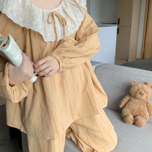 레이스카라 옐로우 순면 홈웨어 세트 포근한 감성 파자마