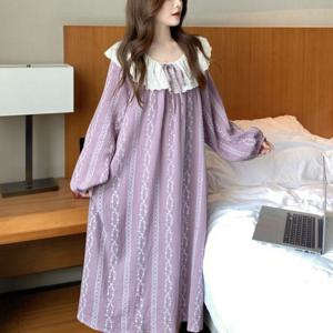 라벤더 레이스카라 홈웨어 롱원피스 포근한 감성 하우스룩