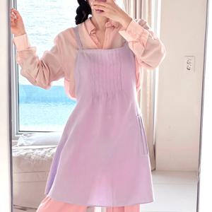 퍼플 린넨 핀턱주름 원피스 앞치마 no.122