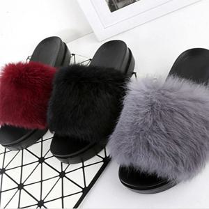 리얼 토끼털 슬리퍼 4cm 통굽 실내화 겨울 사무실 여성 부드러운 룸슈즈