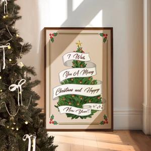 빈티지 크리스마스 트리 리본 레터링 드로잉 일러스트 포스터(리뷰이벤트)