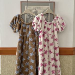 오프숄더 가능 줄리엣 리본 극세사 수면 잠옷 반팔 원피스 2color
