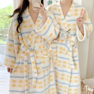 커플 콘스프 체크 극세사 수면 잠옷 로브 가운 1color