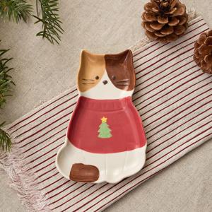 L 크리스마스 귀요미냥 앉은 형태접시 레드