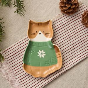 L 크리스마스 귀요미냥 앉은 형태접시 그린