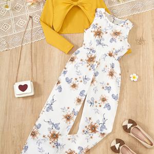 TEMU 2개 세트 여아용 화이트 & 네이비 블루 플로럴 프린트 점프수트 - 숏 러플 탑 & 와이드 레그 팬츠, 탄력 허리 여름 의상, 세탁기 사용 가능 2피스 웨딩, 파티, 캐주얼 의상 (청소년용), 야외 활동에 완벽