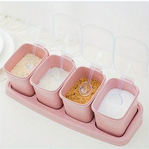 TEMU 3단 플라스틱 양념통 - 밀폐 뚜껑 & 내장형 스푼 홀더, 투명한 설탕/소금/후추 용기 - 미끄럼 방지 베이스, 식품 안전 주방 정리함 (베이지/핑크), 실용적인 원통형 디자인