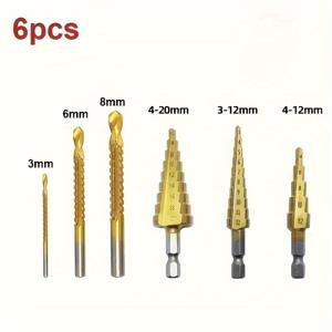 TEMU 6개 스텝 드릴 비트 - 80 지역용 티타늄 크롬 주철 커터 비트, 4계절 선물 사양 포함 4-20mm, 4-12mm, 3-12mm 및 3/6/8mm, 4명이 함께 사용하기에 적합, 목공 및 금속 드릴링에 적합, 5회 기간 사용 가능. 제품은 11개의 축제에서 사용할 수 있습니다
