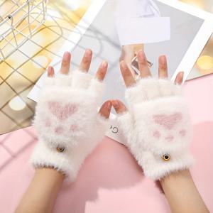 TEMU 고양이 발 부드러운 퍼지 줄 지어 뒤집기 위로 핑거리스 딱지 장갑 귀여운 미학 겨울 따뜻한 장갑