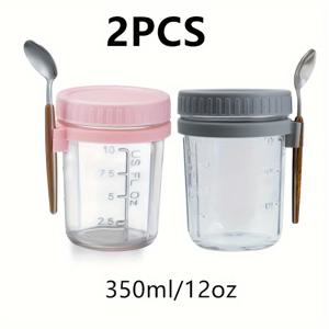 TEMU 뚜껑과 스푼이 있는 12온스 누수 방지 오버나이트 오타 컨테이너 - 요거트, 시리얼, 과일 등을 위한 재사용 가능한 유리 메이슨 자르 - 주방 및 식품 저장실 정리용 밀폐 보관 솔루션, 식품 저장실 정리 | 밀폐 보관 | 유리 구조, 오버나이트 오타 컨테이너
