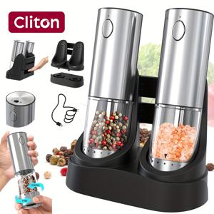 TEMU 1pc/2pcs CLITON 전기 소금 및 후추 가루 분쇄기 세트 충전식, 스테인레스 스틸 향신료 분쇄기, 편리한 듀얼 충전 스테이션을 갖춘 자동 후추 분쇄기, 화이트 LED 라이트, 조절 가능한 거친 정도, 은색, 휴일 선물, 주방 선물