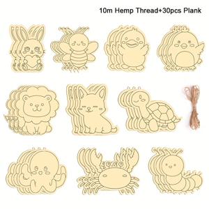 TEMU 31pcs/43pcs 동물 시리즈 나무 DIY 공예 세트, 토끼/벌/오리/거북/사자 패턴 장식, 나무 30pcs 및 10M 로프, 12가지 색상 연필, 파티 홈 장식 및 휴일 선물 포함