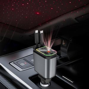 TEMU 스타라이트 카 루프 4-in-1 리트랙터블 차량용 충전기, USB 고속 충전/멀티포트 충전/전압 디스플레이, 확장형 케이블 및 USB 포트 두 개 포함, 별하늘 어댑터, 다양한 기기 호환, 자동 원위치 복귀 기능, 180도 조절 가능한 충전 헤드로 향상된 운전 경험 제공