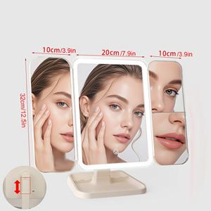 TEMU LED 메이크업 거울, 360° 회전 조절 가능, 삼중 접이식 디자인, USB 충전식 배터리, 스마트 터치 컨트롤, 세 가지 조명 색상, 개인용 화장대 및 메이크업 테이블에 적합한 세련된 모던 스타일의 폴리싱 마감