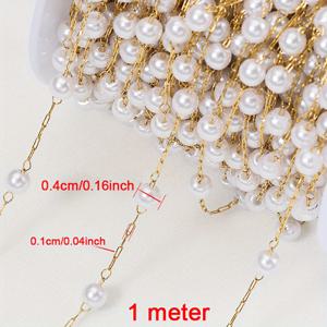 TEMU 1m MINGXUAN 4mm 304 스테인리스 스틸 라운드 ABS 비즈 체인 - 골든톤 스페이서와 화이트 인조, DIY 주얼리 만들기용 목걸이 팔찌 공예 재료, 우아한 비즈 디자인, 내구성 있는 비즈 체인