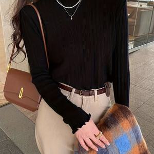 TEMU 우아한 폴리에스터 니트 풀오버, 여성용, 단색 하이넥 스웨터, 상추 트림 디테일, 가을/겨울용