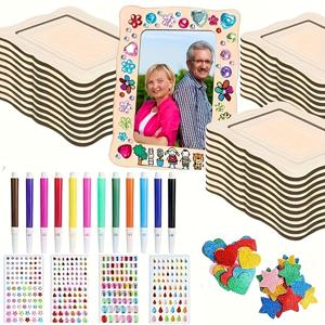 TEMU 22개 사진 액자 DIY 공예 세트, 5개의 미완성 목재 액자, 12색 페인트 펜, 4종 스티커, 반짝이는 스티커 패키지 포함
