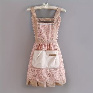 TEMU 1pc 여성용 꽃무늬 프린트 아포니트, 레이스 트림 - 핑크 폴리에스터 /카페 작업복, 경량 120g/m², 직물, 크리스마스 휴일 요리 및 베이킹에 완벽, 베이킹 아포니트 | 꽃무늬 주방복 | 세련된 레이스 디테일링