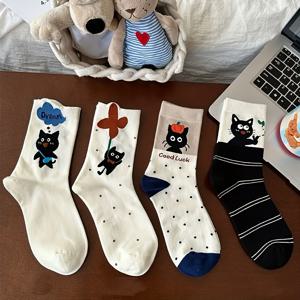 TEMU 4쌍 여성용 가을 겨울 귀여운 고양이 패턴 미드캐프 양말 - 부드럽고 따뜻한 캐주얼 양말, 다양한 색상과 디자인, 일상 편안함을 위한 트렌디한 양말, 편안한 소재, 내구성 있는 패션 애호가를 위한 귀여운 양말