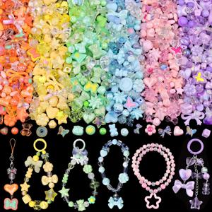 TEMU DIY 180-240개 혼합 색상 6종 아크릴 비즈 팔찌 재료 키트, 리본, 별, 하트 모양 곰 사탕 및 라운드 카와이 장식 포함, 목걸이, 키체인, 휴대폰 펜던트 제작용 (160G) (보석 만들기 키트)