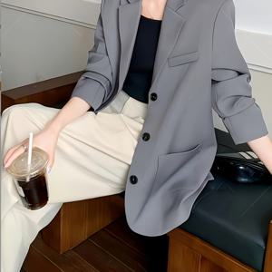 TEMU 여성용 우아한 단색 - H-실루엣 싱글브레스트 긴팔 재킷, 구조적 어깨 디자인, 결혼식 및 휴일 파티용 올시즌 오피스/파티웨어, 내구성 있는 폴리에스터, 손세탁/드라이클리닝 쉬운 관리