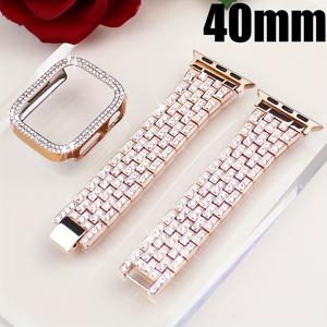 TEMU 애플워치 40mm 41mm 42mm 44mm 45mm 46mm용 콤비네이션 세트 풀 스트랩 + 더블 드릴 홀로우 쉘, 유리 스크린 프로텍터 없는 반짝이는 라인스톤 스트랩 및 낙하 방지 스크래치 보호 PC 케이스, iWatch SE 시리즈 9/8/7/6/5/4에 적합한 패셔너블 여성용 교체 가능한 메탈 밴드
