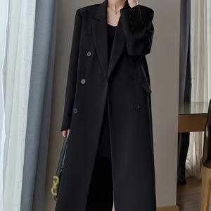 TEMU 여성용 우아한 프렌치 라펠 더블브레스트 테일러드 코트 - 구조적 H-라인 실루엣, 주름 방지 & 세탁기 사용 가능한 롱 재킷, 단색 블랙 테일러드 아우터웨어, 업무, 정장 및 캐주얼 복장용 - 봄/가을 더블브레스트 클로저 아우터 코트, 클래식 여성 턱시도 재킷