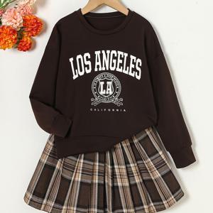TEMU 여아 가을과 겨울 세트: 스타일리시한 캐주얼 체크 무늬 플리츠 스커트와 문자 프린트 풀오버 긴팔 탑, 단색 두피 아웃핏, 야외에 완벽