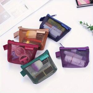 TEMU 5개 세트 나일론 메쉬 화장품 파우치, 내구성 강한 통기성 지퍼 포켓 - 여행용 화장품 및 문구류 정리함 | 미니멀 디자인의 휴대용 투명 오거나이저 (무프린트 심플 스타일)
