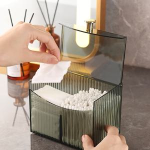 TEMU 화장품 보관함, 뚜껑이 있는 방진 투명 박스, 플립 분할 메이크업 면봉 상자, 데스크탑 화장대 수납박스, 투명 사무실 책상 수납박스, 사무용 수납박스, 면봉 보관함