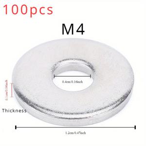 TEMU 100개 헤비듀티 스테인리스 스틸 플랫 와셔 - M4/M5/M6/M8 사이즈, 안전한 고정용 두꺼워지고 넓어진 금속 나사 패드