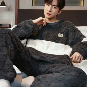 TEMU 뉴 가을 겨울용 두꺼운 따뜻한 홈웨어 남성 벨벳 파자마 슈트 체크무늬 패치워크 컬러 블로킹 일본 스타일 부드러운 편안한 바지 긴팔 2피스 세트 아시안 사이즈