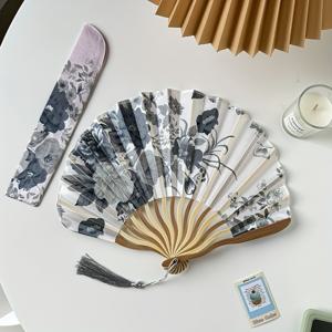TEMU 우아한 빈티지 중국식 수묵화 꽃무늬 접이식 부채와 태슬 - 휴대용 핸드메이드 여성 및 남성용 춤·장식 부채, 발렌타인데이 및 개학 선물