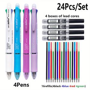 TEMU 창의적인 멀티컬러 지울 수 있는 젤 펜 세트, 볼펜, 0.7mm 지워지는 리필 및 0.5mm 자동 연필심 포함 문구류 사무용 그림 및 글쓰기 도구 (펜 4개 + 리필 16개 + 심 상자 4개