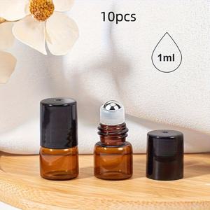 TEMU 10개 1ml/0.034oz, 3ml/0.101oz 아멜라스 유리 롤러 병, 흰색 캡이 있는 재사용 가능한 필수 오일 및 향수 디스펜서, 여행 및 가정용으로 완벽한 여행용 롤러 병 | 원형 유리 용기 | 내구성 있는 유리 재질, 필수 오일 디스펜서