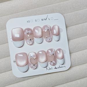 TEMU 10개 핸드페인팅 화이트 플라워 골든 레이스 프렌치 매니큐어 숏 스퀘어 아이스 클리어 제이드 데일리 데이트 브라이드 인조네일 여성용