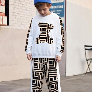 TEMU 2개 세트 남아용 쿨 베어 프린트 긴팔 티셔츠 & 팬츠 세트 - 캐주얼 스포티 멀티핏 봄/가을 의상, 라운드넥 레귤러 핏 니트 원단, 미디엄 스트레치, 야외 활동에 완벽