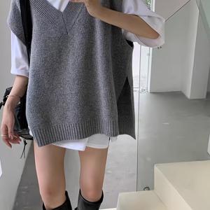 TEMU 여성용 한국식 레트로 V넥 스웨터 조끼 - 긴 소매, 사이드 슬릿, 스트레치 가을/겨울 레이어링 피스, 오피스 & 파티용, 일상복, 빈티지 감성, 편안한 핏, 풀오버 탑, 캐주얼 웨어, 부드러운 질감, 패션 애호가를 위한 쉬운 관리