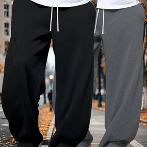 TEMU 남성용 캐주얼 레그 팬츠 - 루즈핏, 단색, 끈 조절 허리, 측면 포켓, 캐주얼 의상에 편안함, 일상적인 편안함 팬츠|캐주얼 스타일 팬츠|스트레치 원단 팬츠
